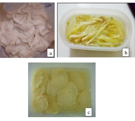 Gambar 7. Tempoyak (a), mandai (b) dan asinan rebung (c) yang digunakan sebagai sumber bakteri asam laktat yang telah melalui proses fermentasi sekitar 7 hari  