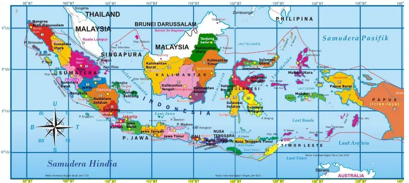 Gambar 2. Peta Indonesia terdiri dari 34 provinsi yang kaya akan potensi sumberdaya hayati lautan dan pesisir (terumbu karang)