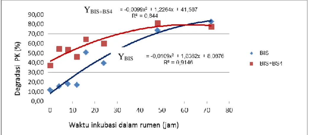Gambar 2. Pola degradasi protein kasar BIS dan BIS+BS4 YBIS+BS4 