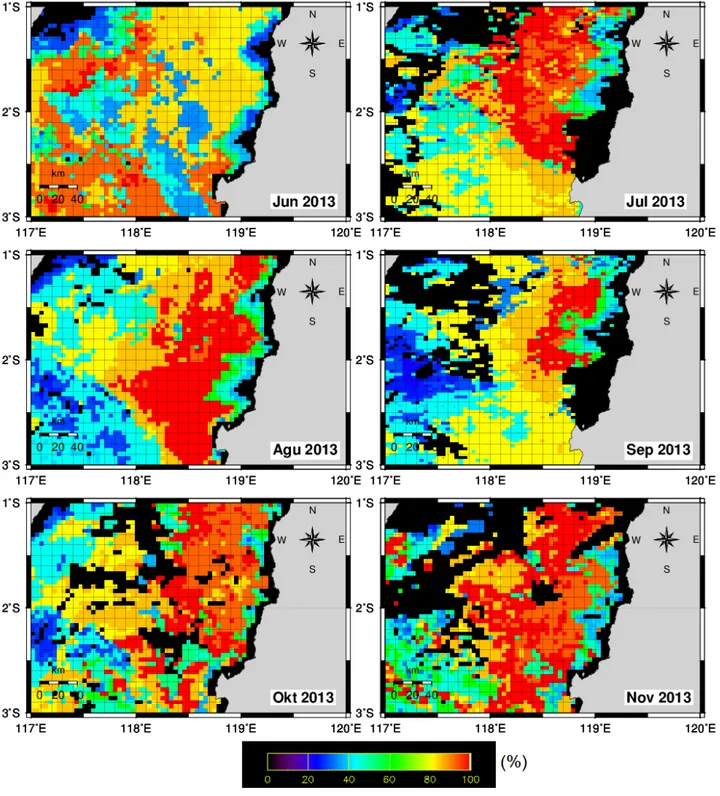 Gambar 3.  Peta  Daerah  Potensial Penangkapan Ikan (DPPI) pelagis besar di Perairan  Mamuju dan sekitarnya yang dinyatakan dengan menggunakan model  probabilitas (%) periode bulan Juni-November 2013