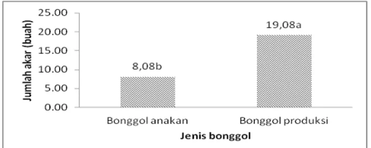 Gambar  5.  Pengaruh  jenis  bonggol  terhadap  jumlah  akar  pada  perbanyakan  tunas  pisang  kepok  Manado