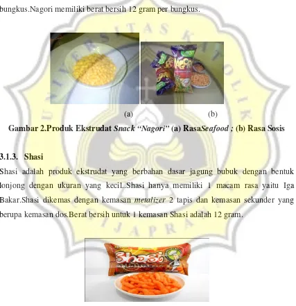 Gambar 2.Produk Ekstrudat Snack “Nagori” (a) RasaSeafood ; (b) Rasa Sosis 