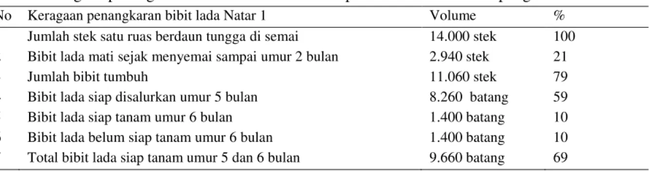 Tabel 2. Keragaan penangkaran bibit lada Natar 1 di Gapoktan Prima Tani Lampung Utara