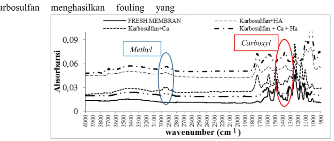Gambar  9  menunjukkan  morfologi  permukaan  membran  NF270  sebelum  dan  setelah  digunakan  untuk  penyisihan  pestisida  berbahan aktif Karbosulfan dengan perbesaran  3000x