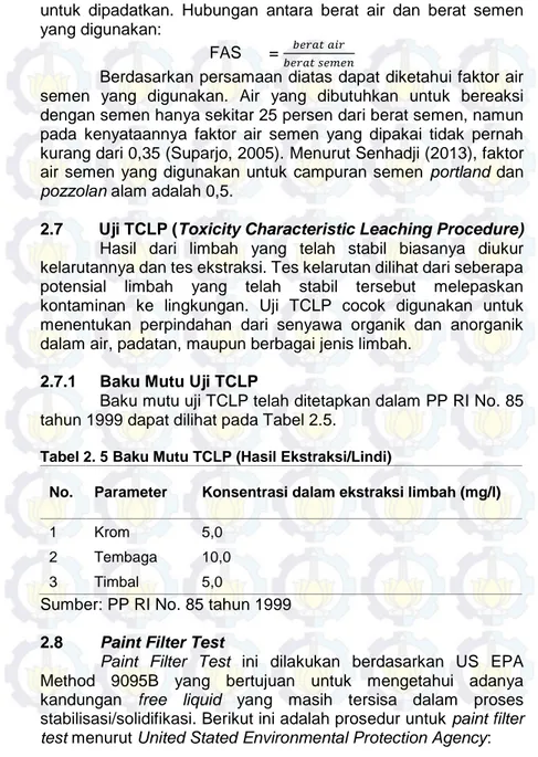 Tabel 2. 5 Baku Mutu TCLP (Hasil Ekstraksi/Lindi) 
