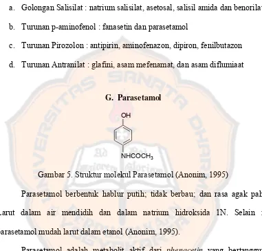 Gambar 5. Struktur molekul Parasetamol (Anonim, 1995) 