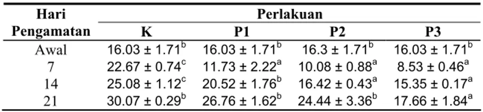 Tabel 1.  Analisa level protein gonad hasil perlakuan  Perlakuan Hari  Pengamatan  K  P1 P2 P3  Awal  16.03 ± 1.71 b 16.03 ± 1.71 b 16.3 ± 1.71 b 16.03 ± 1.71 b 7  22.67 ± 0.74 c 11.73 ± 2.22 a 10.08 ± 0.88 a 8.53 ± 0.46 a 14  25.08 ± 1.12 c 20.52 ± 1.76 b