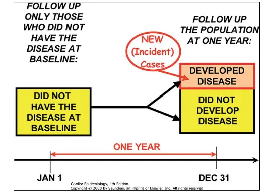 Figure 3-6 Identifying newly detected cases of a disease. Step 2: Follow-up and rescreening at 1 year to identify cases that developed during the year.