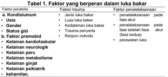 Tabel 1. Faktor yang berperan dalam luka bakar