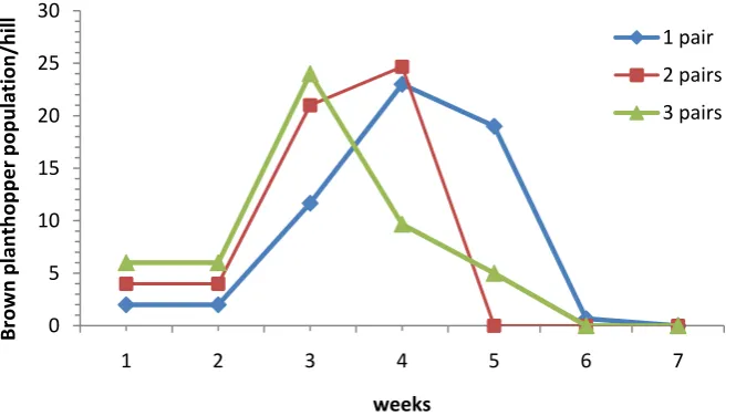 Figure 6. The population dynamic of brown planthopper on rice crop Ciherang variety, with initial population of 1, 2, and 3 pairs  