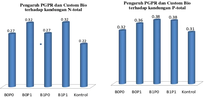 Gambar 4. Pengaruh PGPR dan Custom Bio terhadap KandunganN-total (%) dan P-total (%)