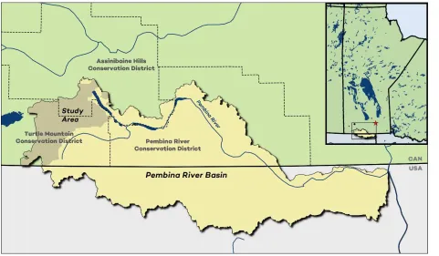 Figure 1. Map and location of the study site, Pelican Lake, within Manitoba.