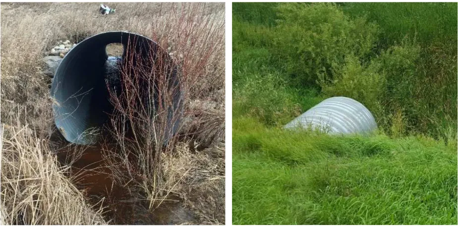 Figure 4. Stream sampling at Pelican Lake during March (spring melt runoff, top) and July (bottom) at site PL05 (outlet of culvert).