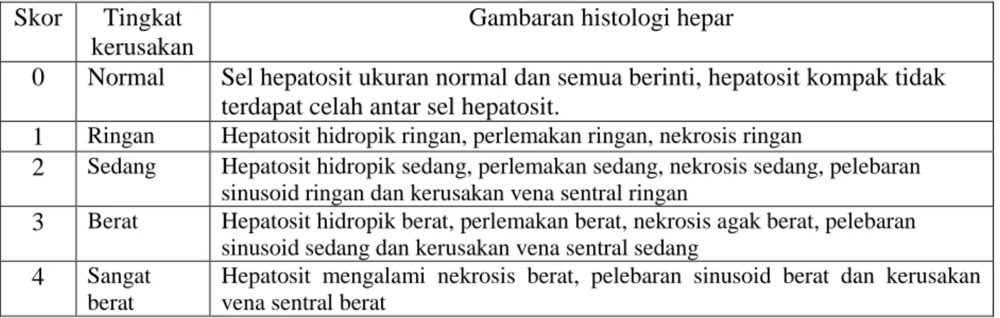 Tabel 1. Tingkat kerusakan hepatosit dikakukan dengan skoring sebagai berikut:  