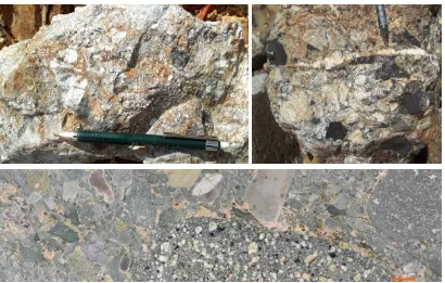 Figure 5.  A). Preatomagmatic breccia. Fragments/clasts consist of  juvenil, altered diorite