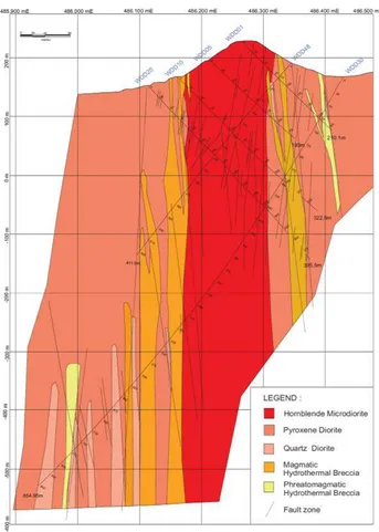 Fig. 4. Geological cross section based on drilling core data of TRK 01 cross section (Modified from Muthi, et al., 2012) 
