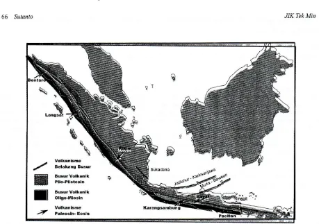 Gambar 1. Penyebaran batuan volkanik tersier di Indonesia bagian barat (modifikasi dari Sutanlo, 1997)