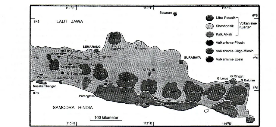 Gambar 2. Distibusi batuan volkanik berumur pre tersier, tersier dan kuarter di Jawa Tengal dan Jawa Timur(modifikasi dari Bellon et al, 1989; Soeria-Atmadja et al, 1991).