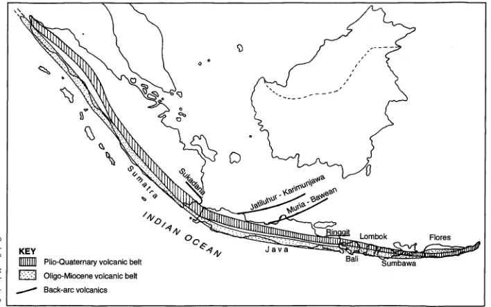 Figure 1. The Oligo-Miocene and Plio-Quaternary volcanic belts in the Sunda-Banda arc (Sumatra-Flores)