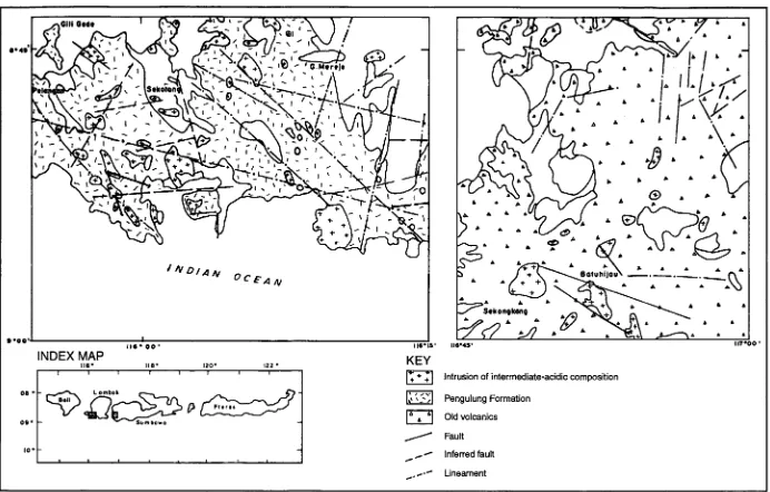 Figure 3. Geological sketch map of southwestern Lombok (Fig. 3a) and Sumbawa (Fig. 3b), eastern Indonesia