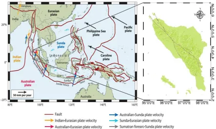 Figure 1. Plate tectonic setting of Indonesia, Vectors show relative velocities of plate pairs as labeled and Aceh province map (Modified from McCaffrey, 2009)   