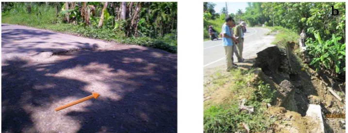 Figure 3. (a) Swelling clay cause soil creeping on the road, and (b) Swelling clay destroy  the retaining wall  in the Juli Sub – District  