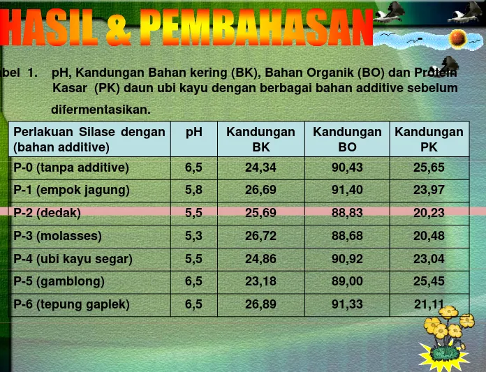 Tabel  1.    pH, Kandungan Bahan kering (BK), Bahan Organik (BO) dan Protein 