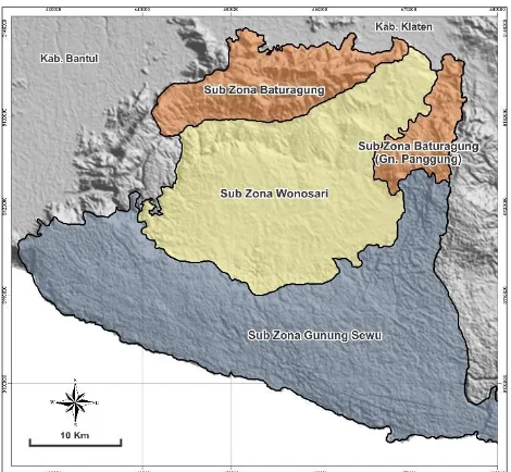 Figure 1: Physiographic region of Gunungkidul area, show the physical and dimension  of the Baturagung cuesta Range