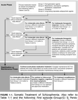 FIGURE 1-1. Somatic Treatment of Schizophrenia. Also refer toTable 1-1 and the following: First episode–Group(G) 2; Persis-tent suicidal ideation or behavior–G3; Persistent hostility andaggressive behavior–G3; Tardive dyskinesia–G2 all group 2 drugsmay not be equal in their lower or no tardive dyskinesialiability and G3; History of sensitivity to extrapyramidal sideeffects–G2 except higher doses of risperidone; History of sensi-tivity to prolactin elevation–G2 except risperidone; History ofsensitivity to weight gain, hyperglycemia, or hyperlipidemia–G2ziprasidone or aripiprazole; Repeated nonadherence to phar-macological treatment–G4 (taken from the Practice Guidelinesfor the Treatment of Patients with Bipolar Disorder, SecondEdition from the American Psychiatric Association Practice Guide-lines for the Treatment of Psychiatric Disorders Compendium,Copyright 2004).