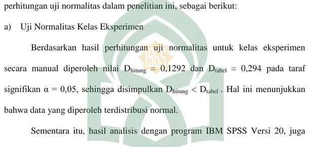 Tabel 4.7: Hasil Uji Normalitas Nilai Hasil Belajar Fisika Siswa Kelas  Eksperimen dengan Program IBM SPSS Versi 20 