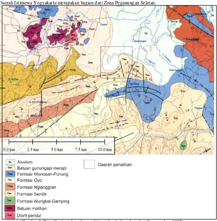 Gambar 1. Peta Geologi daerah penelitian (disederhanakan dari Surono drr., 1992) 