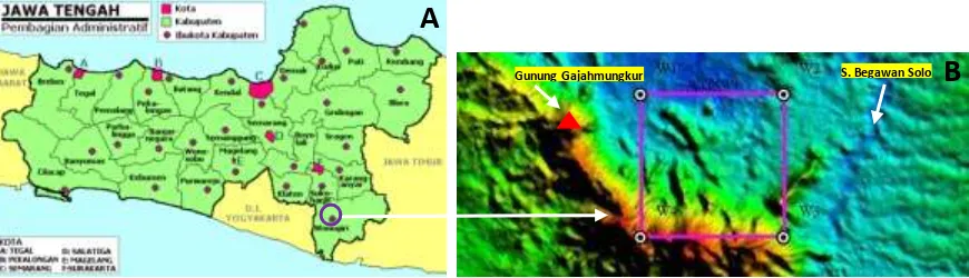 Gambar 1.  (A) Peta administratif pembagian wilayah Jawa Tengah (B) Kenampakan citra SRTM Perbukitan Gunung Gajahmungkur