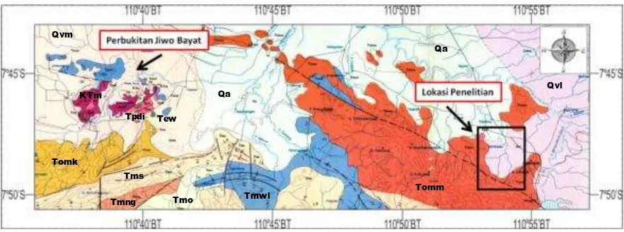 Gambar 2. Peta Geologi daerah Perbukitan Jiwo Bayat dan daerah Perbukitan Gunung Gajahmungkur (disederhanakan dari Surono drr., 1992)