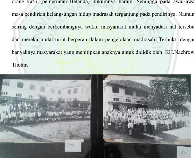 Foto 5.    Foto  kiri  :  Para  siswa  beserta  staf  pengajar  didepan  bangunan  madrasah  pada tahun 1924, Foto kanan : Para siswi berada didepan madrasah pada tahun 1933.