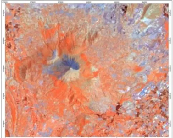 Gambar 3. Citra Landsat 8 terkalibrasi atmosfer BOA, dengan RGB kanal 5, 6, dan 7  untuk interpretasi geologi 