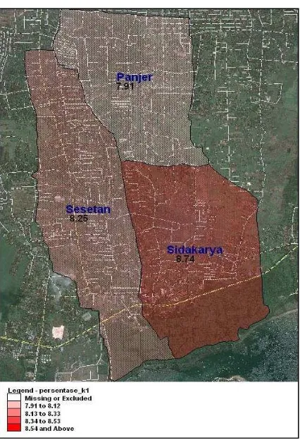 Gambar 1.  Peta Cakupan Ibu Hamil K1 di Wilayah Kerja Puskesmas I Denpasar Selatan Bulan November 2010