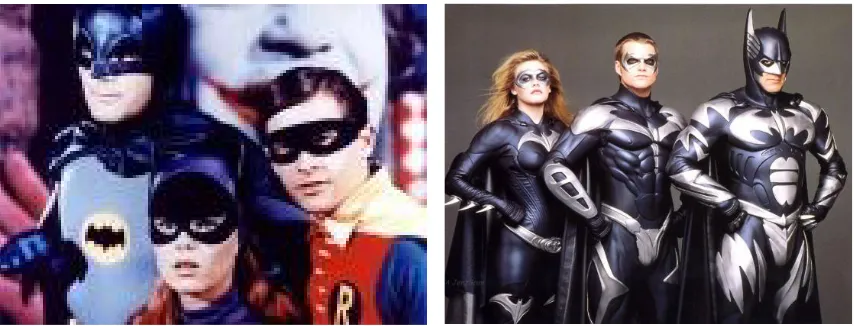Gambar 4. Batman, Robin, dan Batgirl di Batman Television Series 1966 (kiri)  dan Batman and Robin 1997 (kanan)  