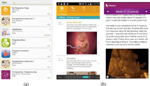 Fig. 1: (a) Hasil pencarian aplikasi perkembangan janin padaandroid play store (b) Contoh aplikasi android mengenaiperkembangan janin