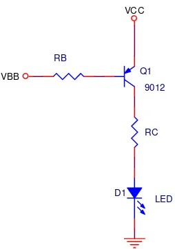 Gambar 2-4. Transistor sebagai saklar aktif rendah dengan LED indikator. 