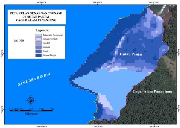 Gambar 3. Peta kelas genangan tsunami di hutan pantai CA Pananjung Figure 3. Map of tsunami inundation at costal forest Pananjung nature reserve