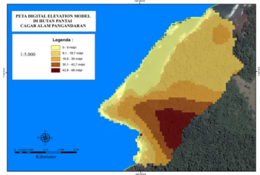 Gambar 5. Peta Digital Elevation Model hutan pantai  Figure 5. Map of coastal forest Digital Elevation Model 