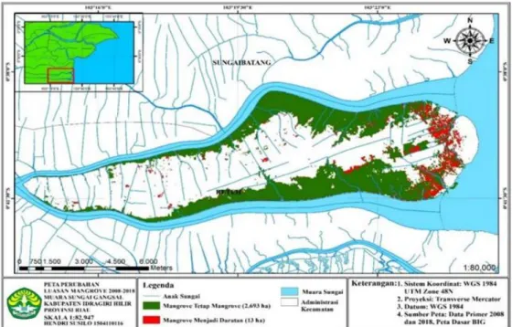 Gambar 2. Peta Sebaran Vegetasi Mangrove Tahun 2018 di Muara Sungai Gangsal. 