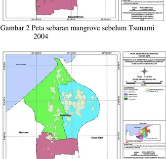 Gambar 3 Peta sebaran mangrove setelah Tsunami  Berdasarkan  Gambar  2  dan  3  menunjukkan  bahwa  mangrove  yang  ada  di  lokasi  penelitian  mengakibatkan  penyusutan  sebesar  18,6  Ha  yang 