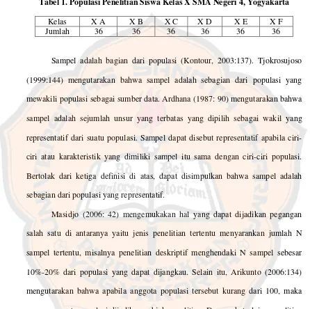 Tabel 1. Populasi Penelitian Siswa Kelas X SMA Negeri 4, Yogyakarta 