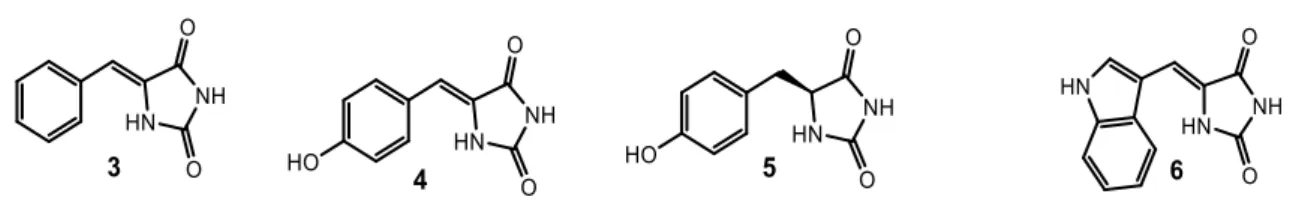 Gambar 1. Senyawa 5-benzalhidantoin dan turunannya dari Laxosubrites sp. dan Hemimycale arabica  beberapa  senyawa  turunan  hidantoin  yang  lainnya, 