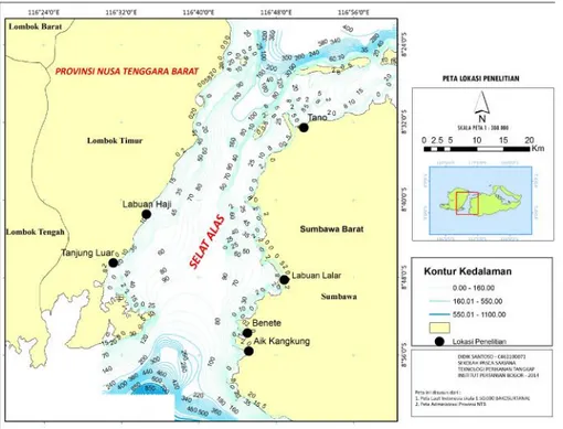 Gambar 1. Lokasi Penelitian di desa-desa nelayan di perairan Selat Alas, Propinsi NTB Data dikumpulkan dengan menggunakan metode survei dan dokumentasi