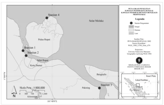 Gambar  1.  Peta  lokasi  penelitian  di  ekosistem  mangrove  sekitar  lokasi  kawasan  industry perminyakan Kota Dumai dan Kabupaten Bengkalis Provinsi  Riau 