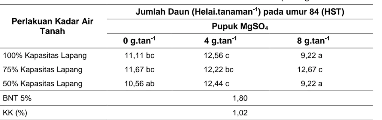Tabel 2.   Rata-rata  Luas  Daun  per  Tanaman  Akibat  Interaksi  Perlakuan  Kadar  Air  Tanah  dan  Pupuk MgSO 4