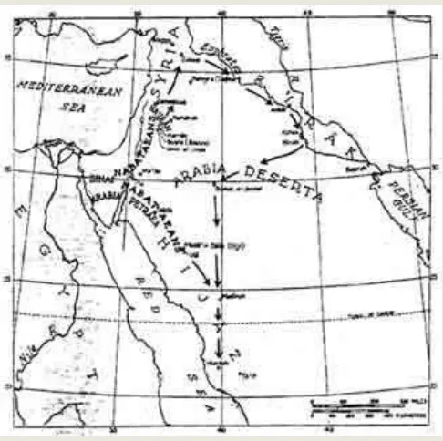 Gambar 9.1: Route penyebaran awal skrip Arab Utara yang dimungkinkan oleh Abbott. Sumber: Abbott, The rise of the North Arabic Script, hlm