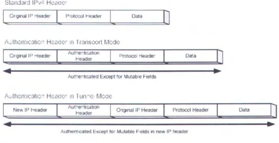 Gambar  2.18  dan  gambar  2.19  menggambarkan  kedua  protokol  IPSec  yaitu AH dan  ESP yang digunakan  pada mode transport dan  mode tunnel  : 